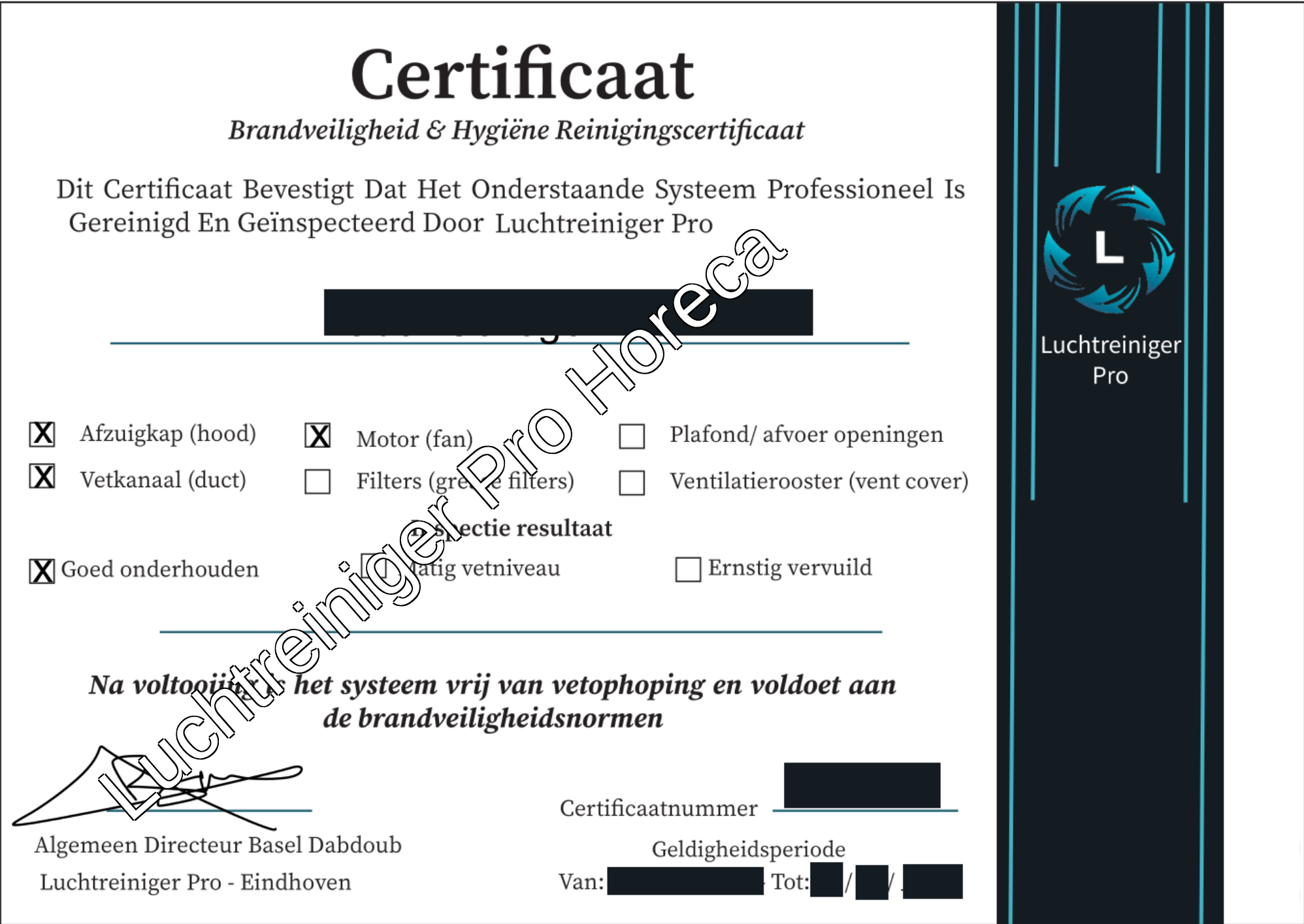 Afgeschermd voorbeeld van een reinigingscertificaat voor horeca-afzuiging.